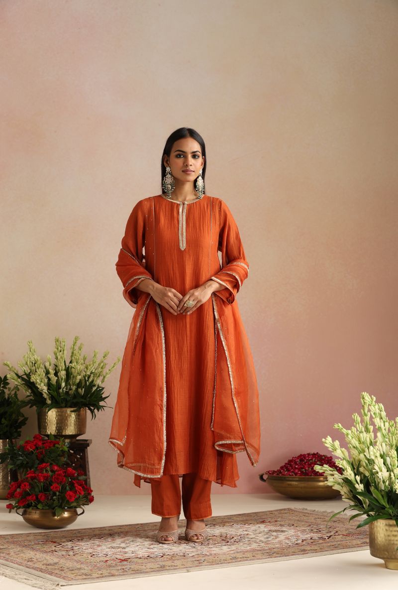 Burnt Orange Cheeta Work Itrh Kurta Set