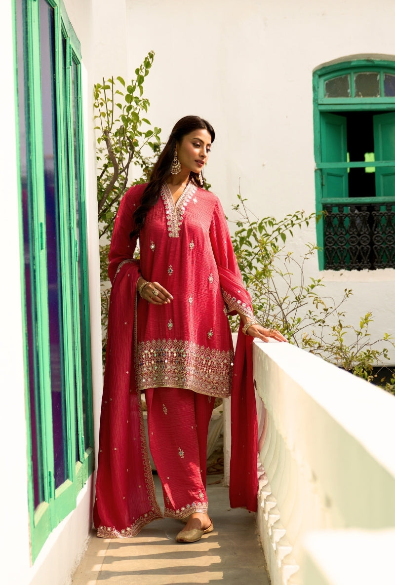 Red Embroidered A-Line Nadira Farshi Salwar Set