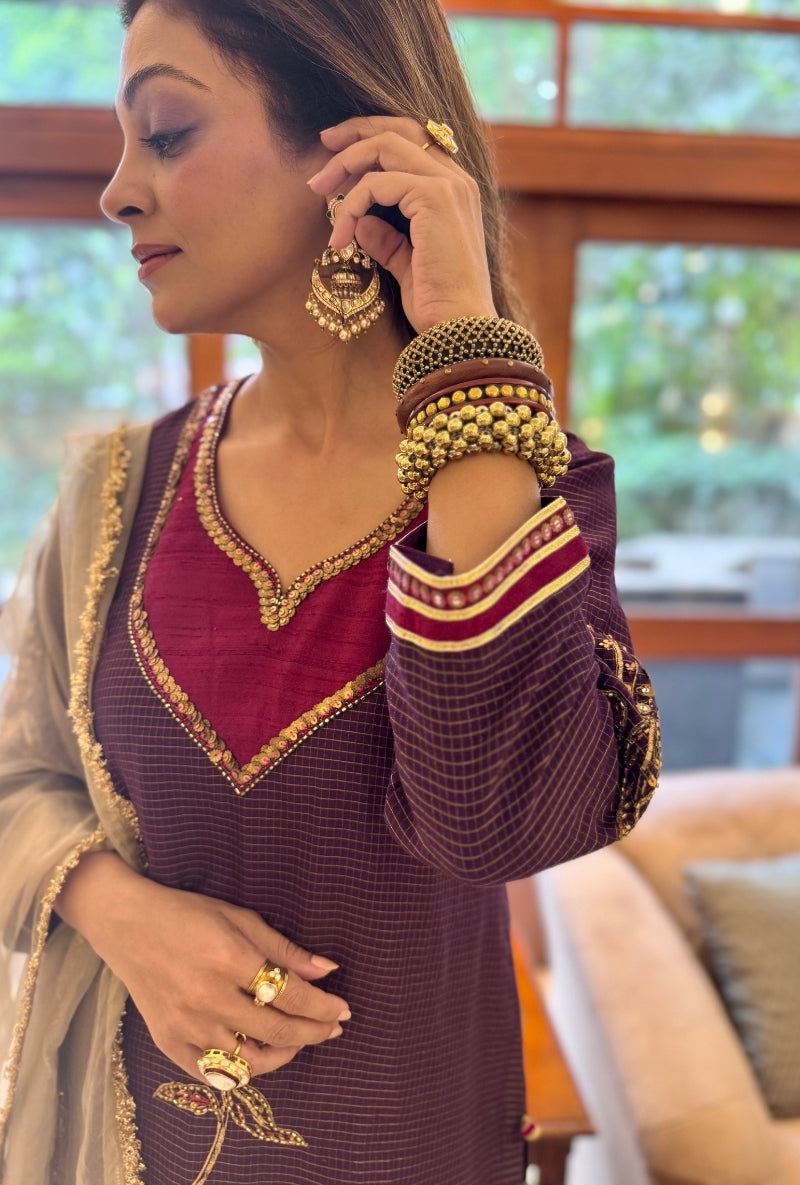 Meghna Nayyar in Purple Hand Embroidered Neck Farshi Set
