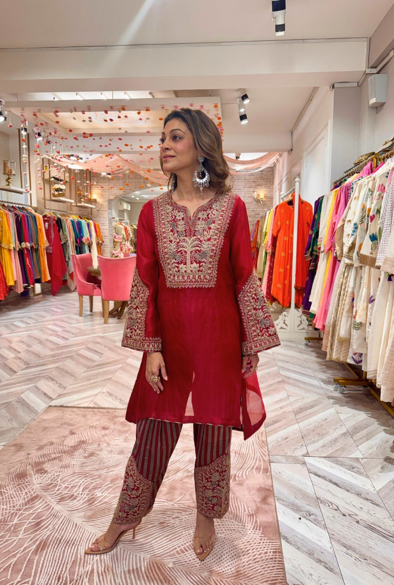 Meghna Nayyar in Red Dori &amp; Sequin Hand Embroidered Mallika Farshi Set