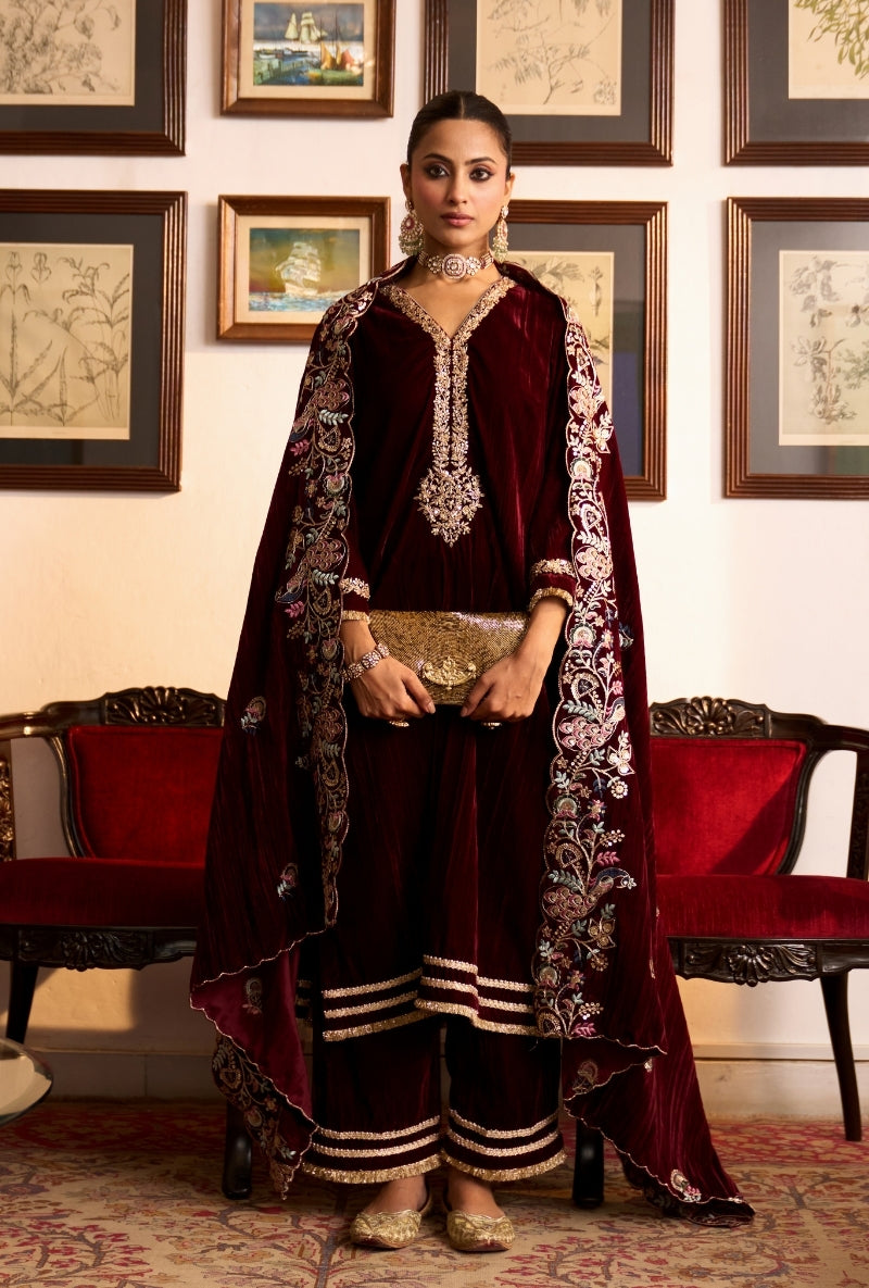 Wine Crushed Velvet Dilbar Kurta Set