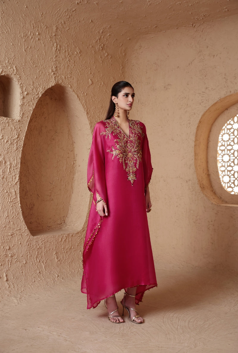 Pink Heavy Yoke Nihira Kaftan Set