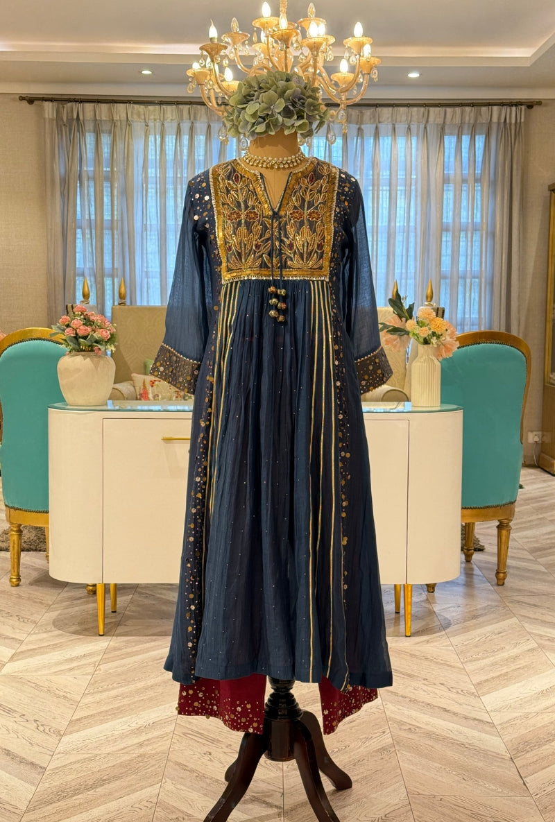 Blue Heavy Hand Embroidered Yoke Front Gather Anarkali Set