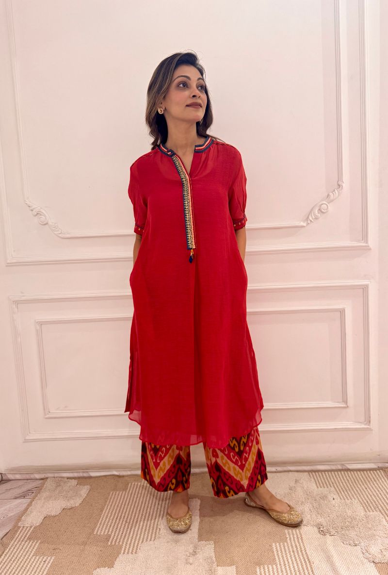 Meghna Nayyar in Red Marodi Embroidery Placket Maeri Kurta Set