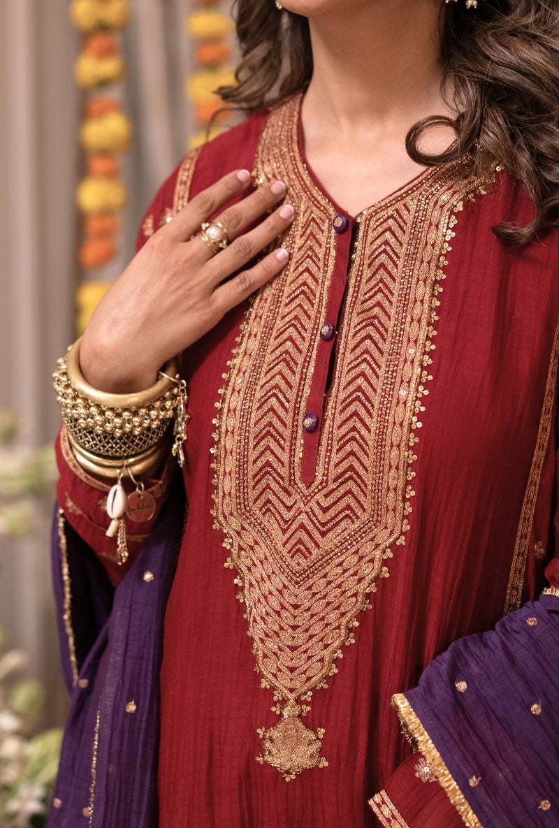 Meghna Nayyar in Deep Red Long Neckline Kurta Set