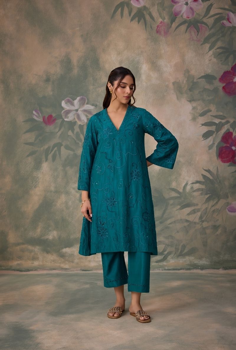 Teal Green All Over Thread Work Jalsa Kurta Set