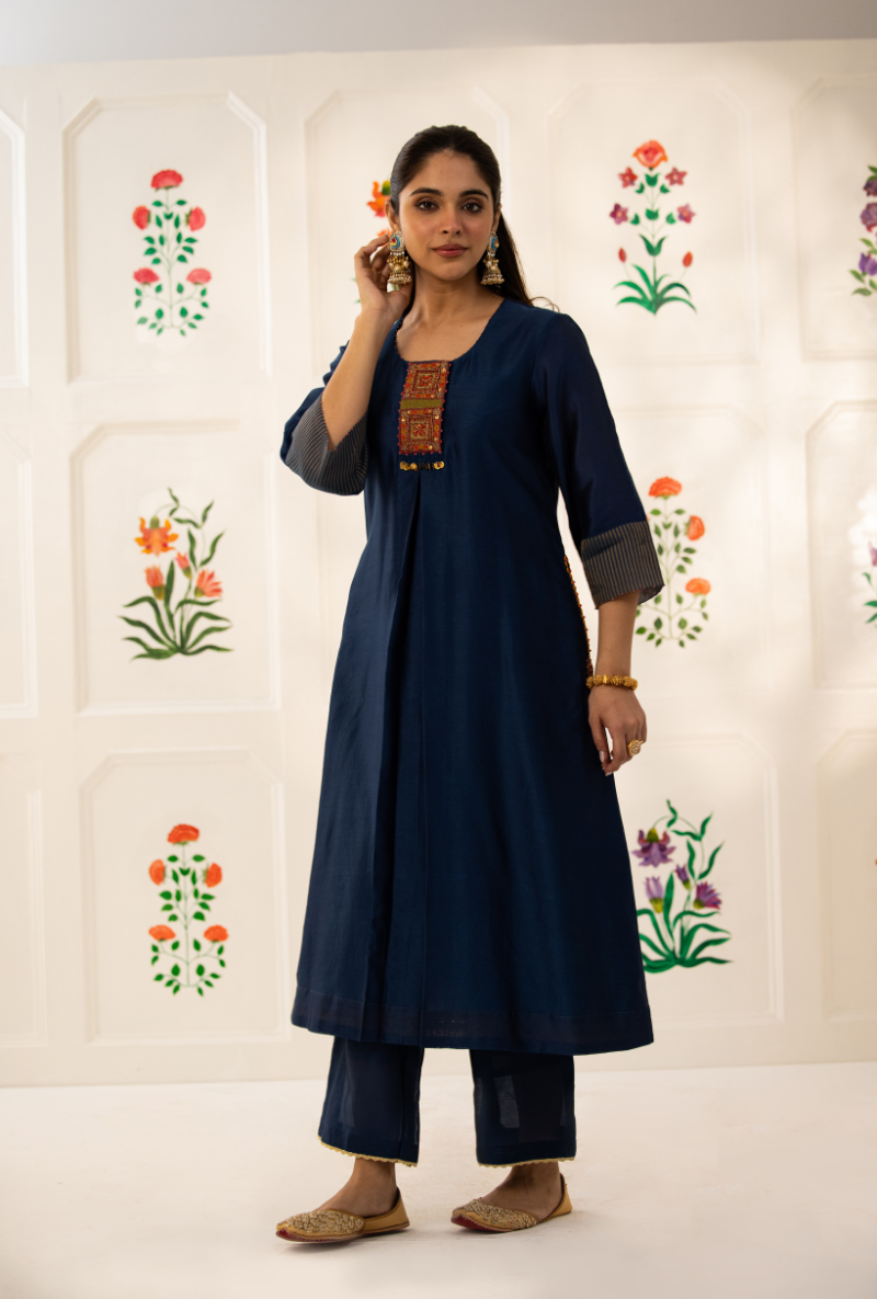 Blue Double Box Pleat Kishmish Kurta Set