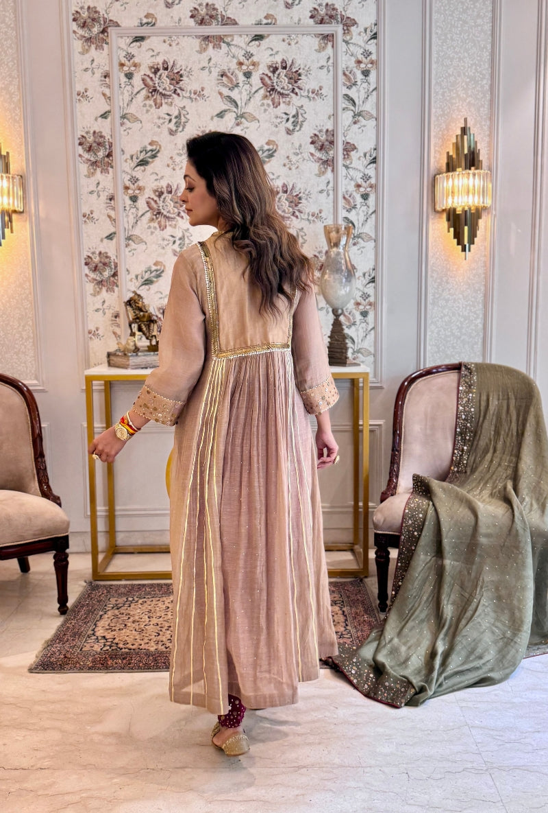 Meghna Nayyar in Beige Heavy Hand Embroidered Yoke Front Gather Anarkali Set