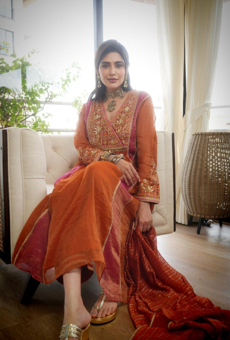 Karishma Tanna in Rust Embroidered Overlap Yoke Gulbano Anarkali Set