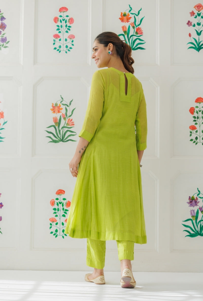Lime Green Pitta Work Yoke Baani Kurta Set