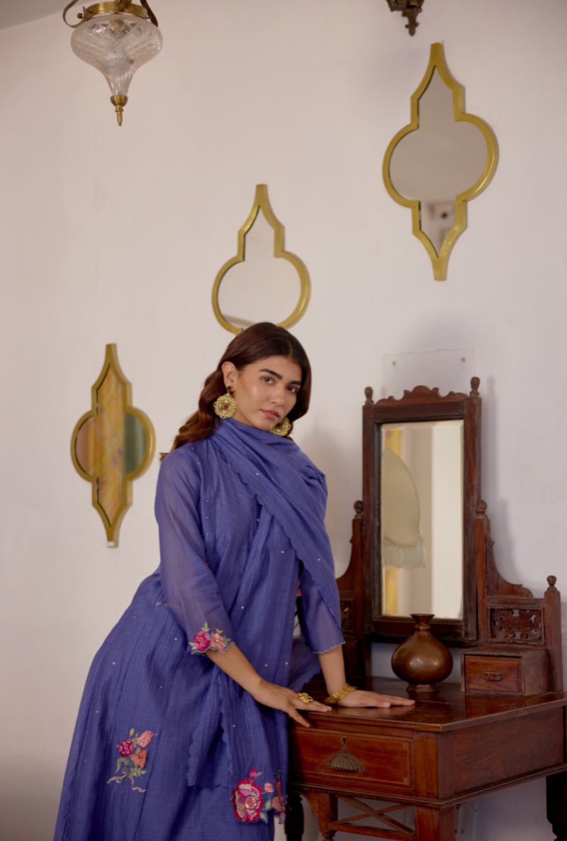 Blue Floral Embroidered &amp; Applique Vaidehi Kurta Set