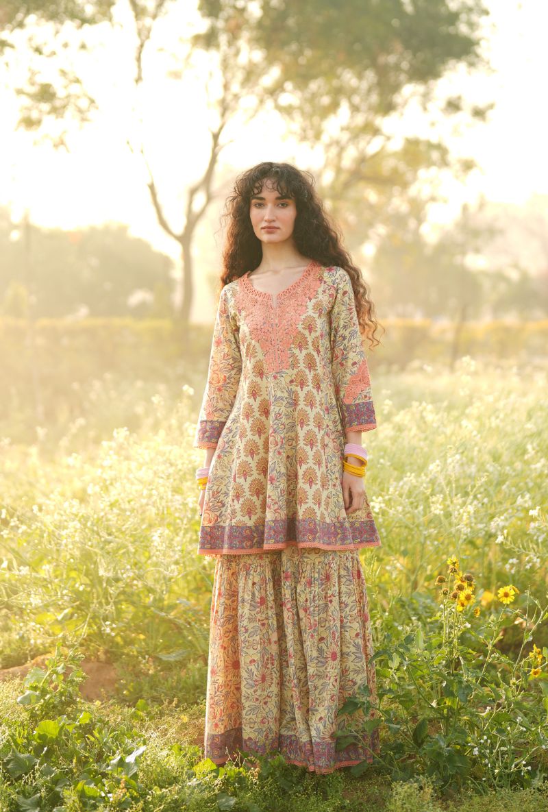 Light Yellow Short Kalidaar Gulmohar Gharara Set
