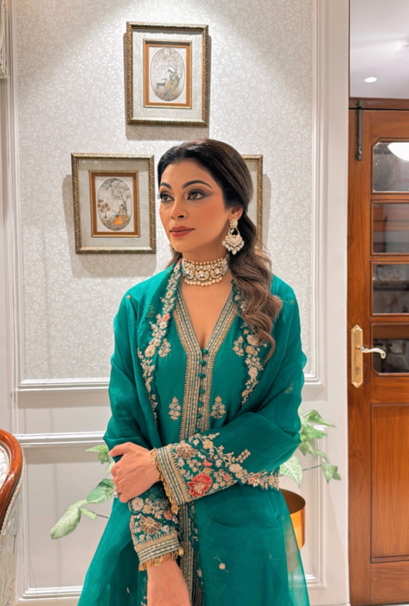 Meghna Nayyar in Green Long Jacket Kurta Set