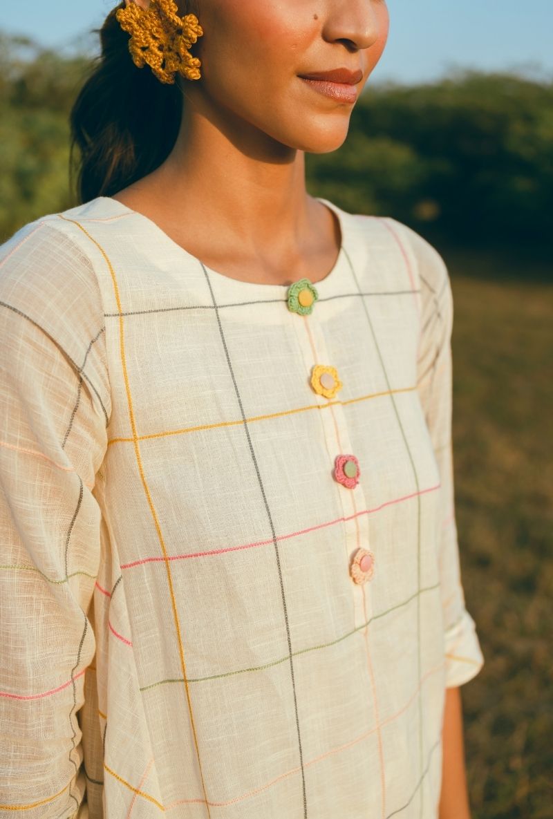 Ivory Colourful Crochet Button Barfi Kurta Set