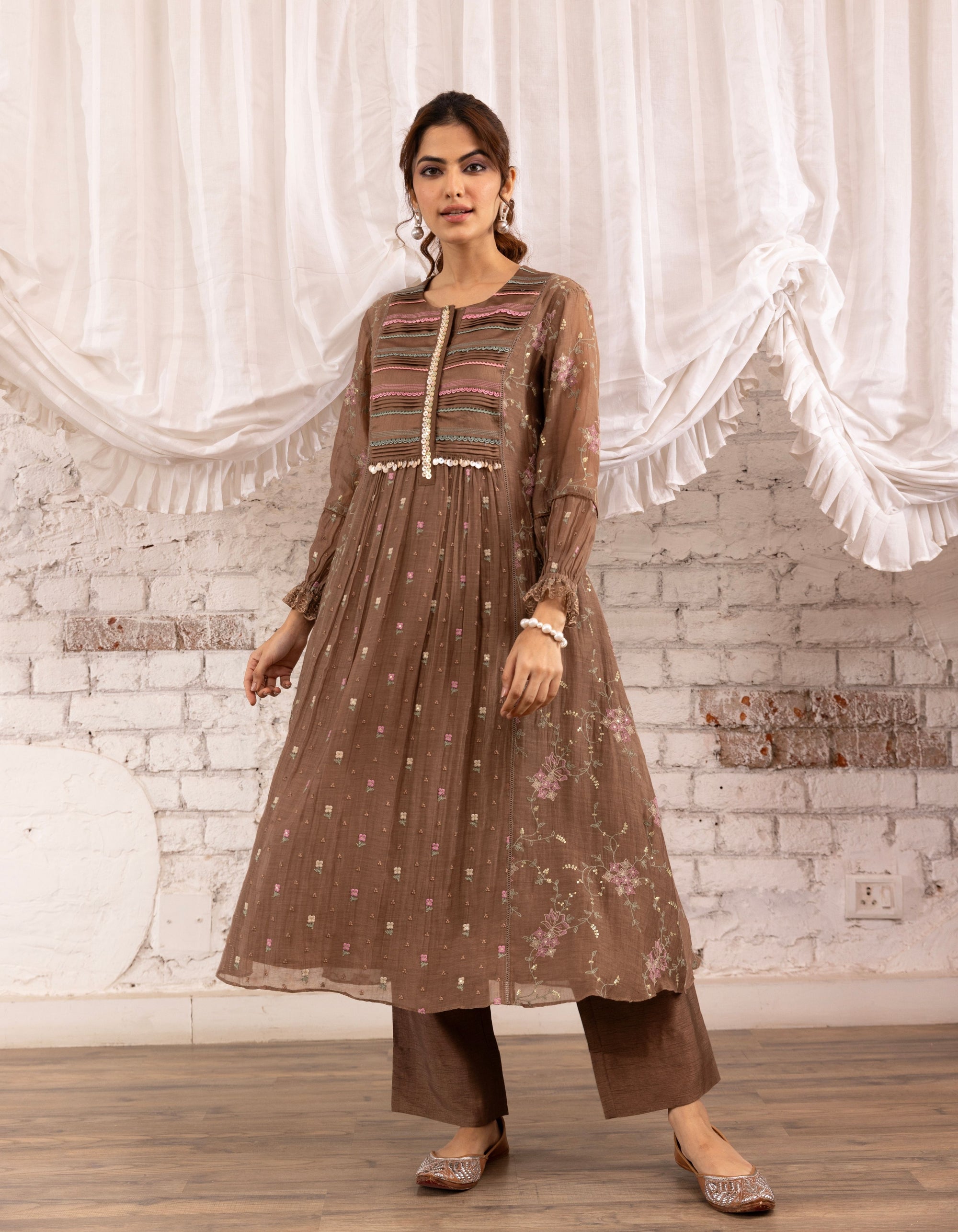 Brown Threadwork Long Yoke Noor Kurta Set