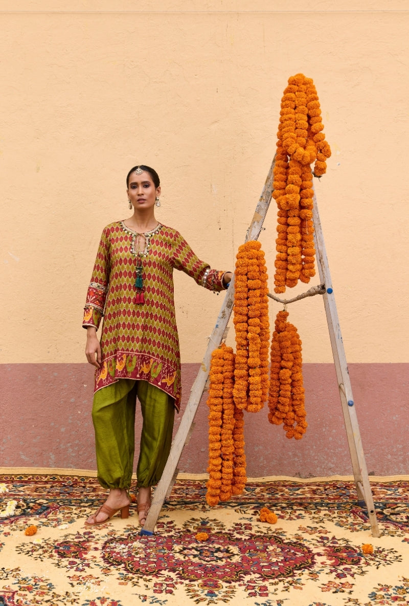 Green Ikat Asymmetric Oorja Kurta Set
