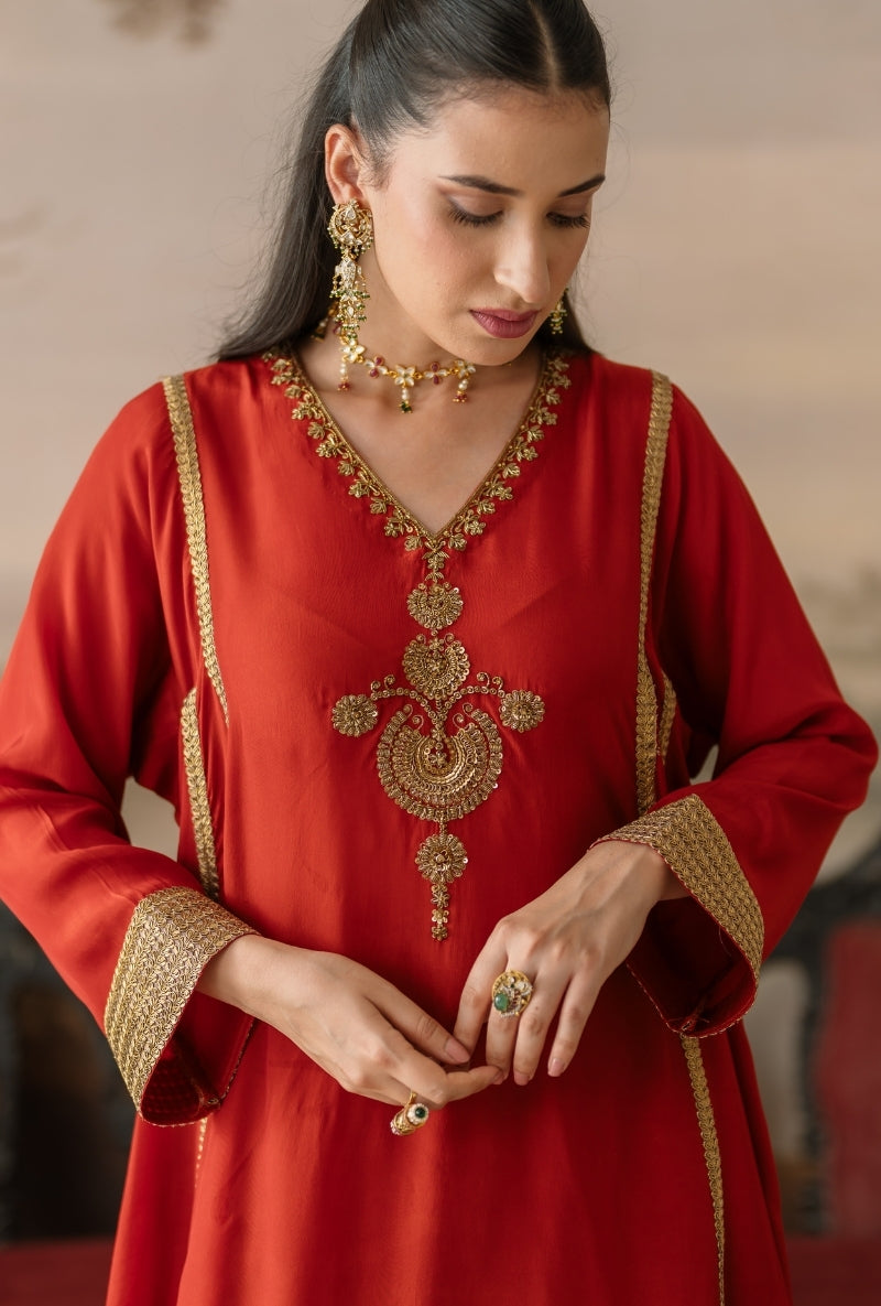 Rust Embroidered Motif Choga Gulbano Salwar Set