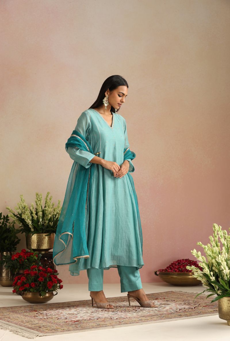 Ice Blue Zari And Dabka Work Itrh Kurta Set