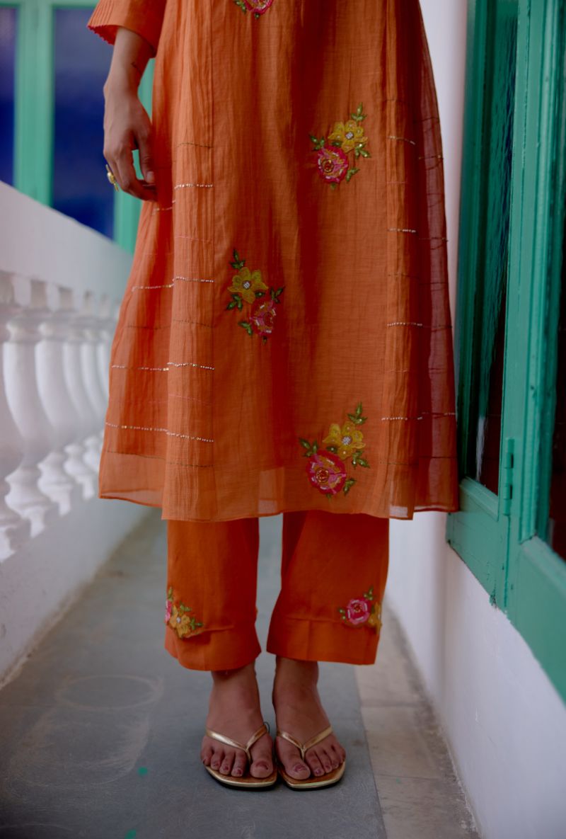Orange Floral Embroidered Side Gather Vaidehi Kurta Set