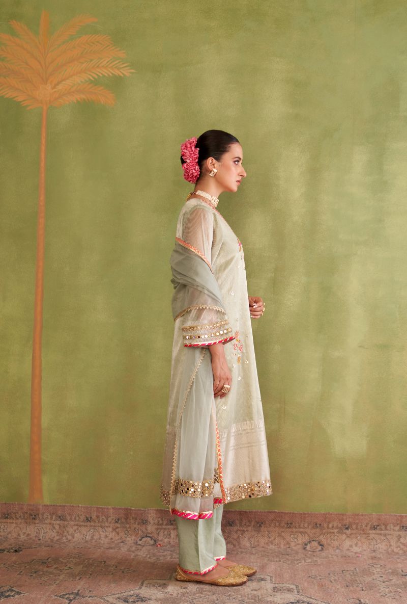 Light Sage Green Tissue Stripes Morbagh Kurta Set