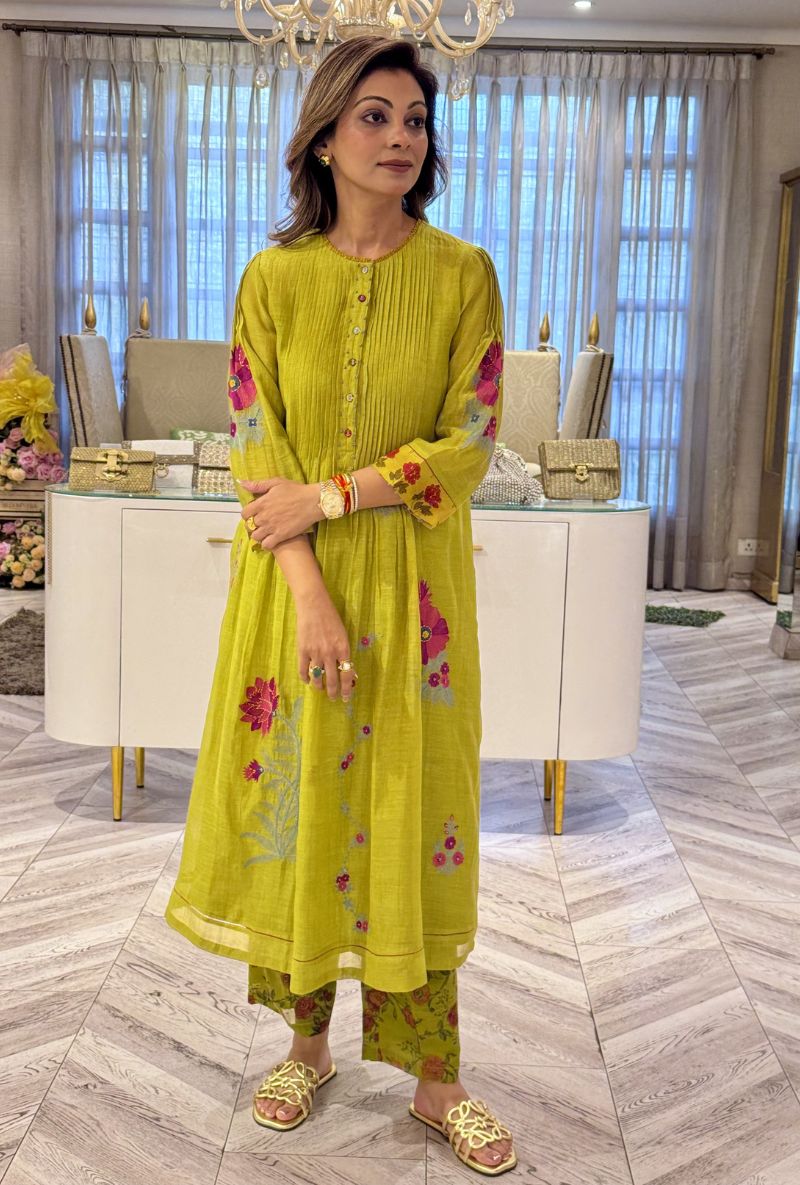 Meghna Nayyar in Mint Green Pintuck Yoke Hand Block Print Kurta Set