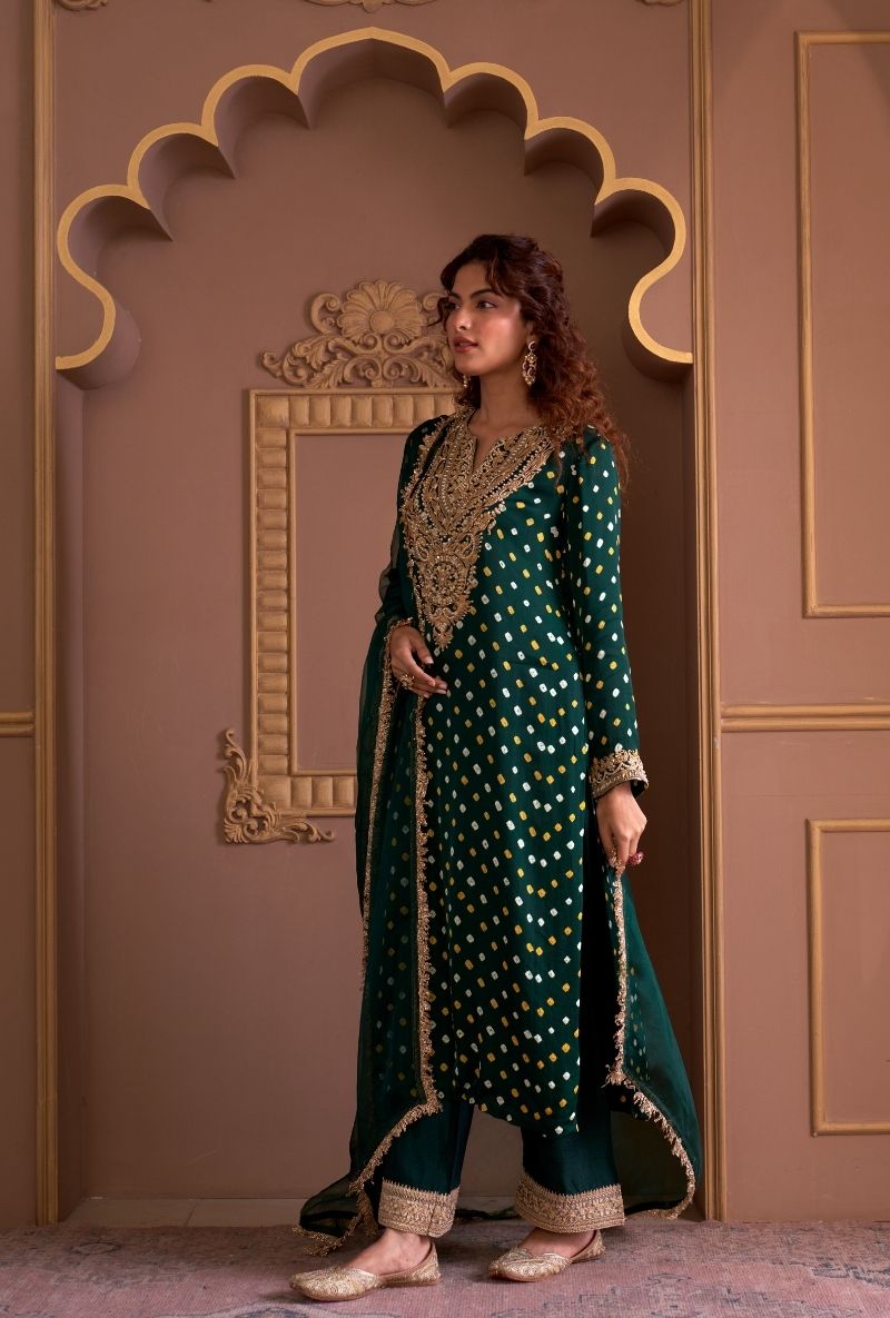 Green Bandhej Rasia Kurta Set