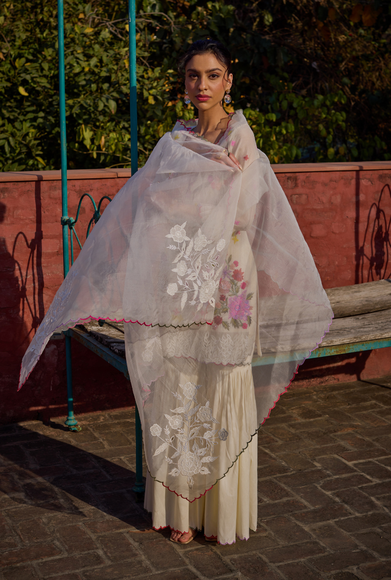Ivory Hand Embroidery Cut Work Short Kurta Anaardana Gharara Set