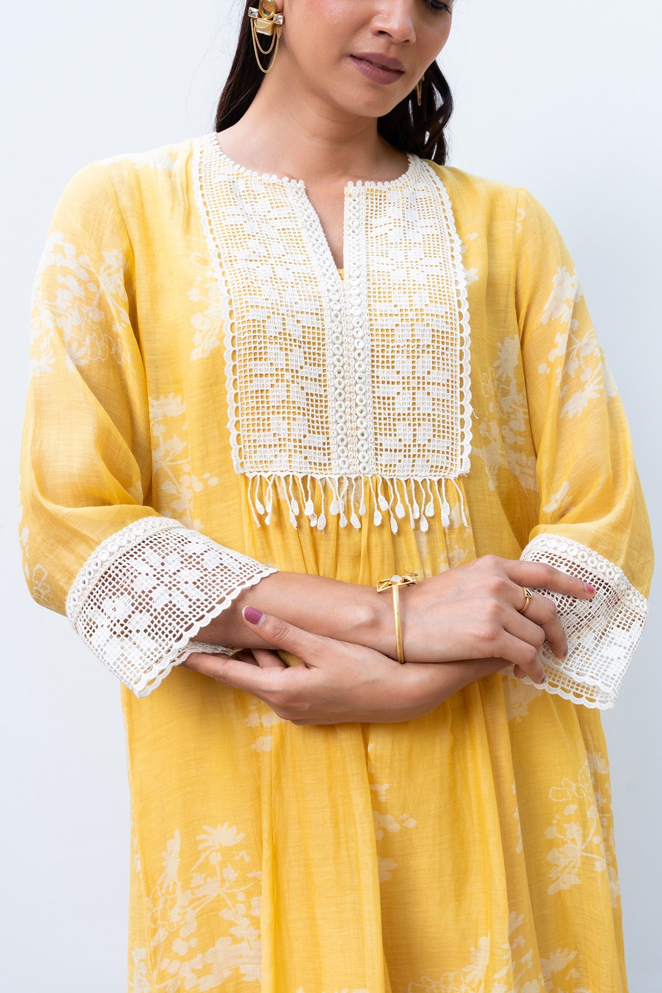 Yellow Gathered Chanderi  Kiki Kurta Set