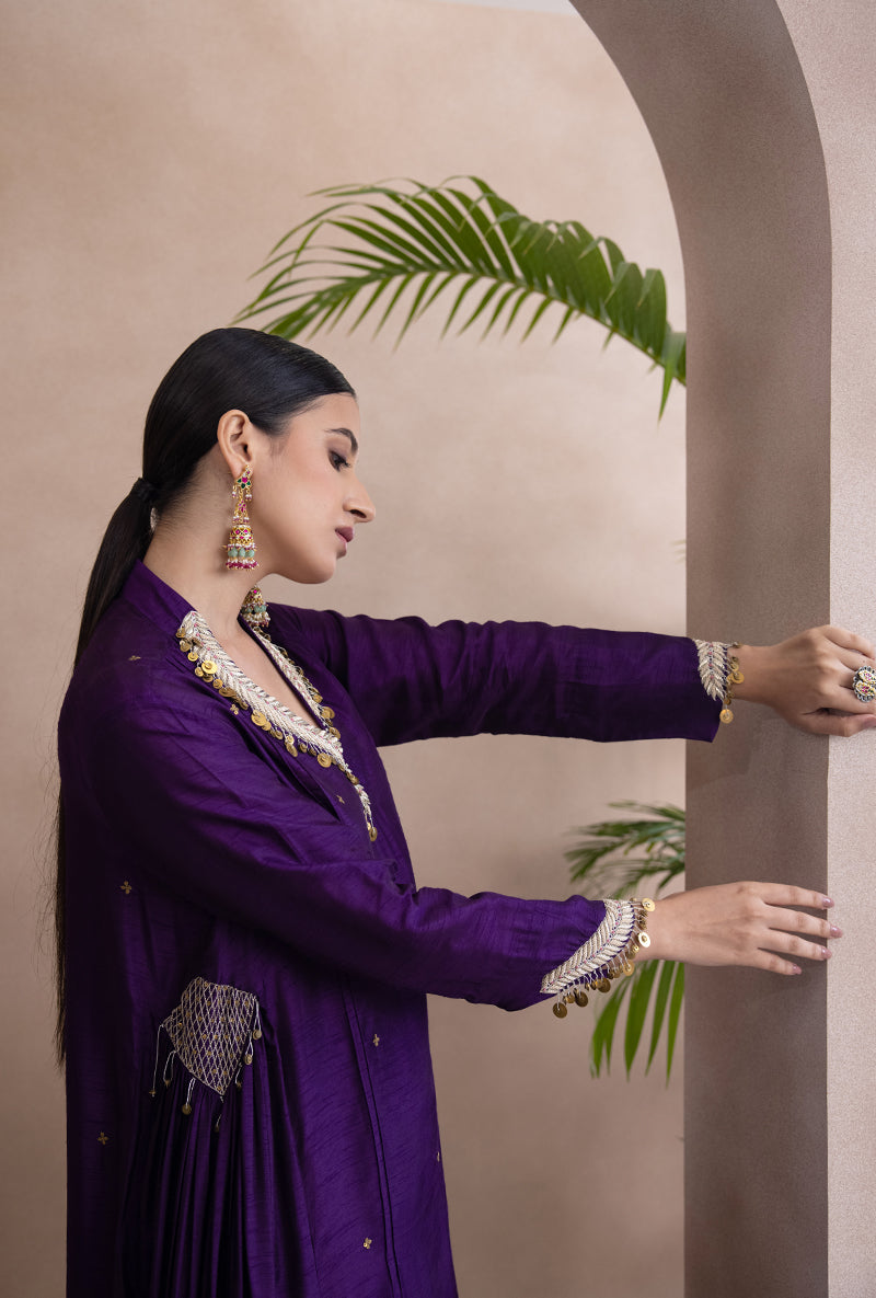 Purple Pankh Side Gather A-line Adhira Kurta Set