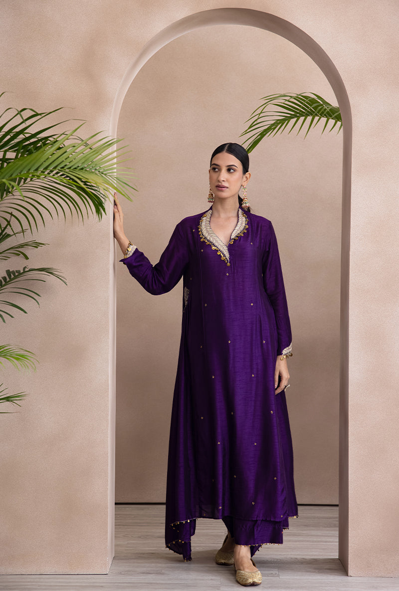 Purple Pankh Side Gather A-line Adhira Kurta Set