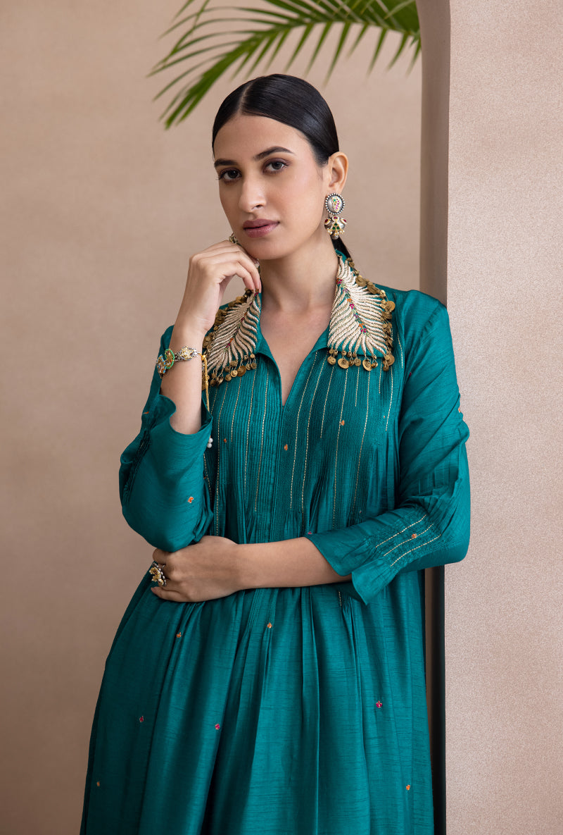 Teal Pankh Collar Pintex Adhira Kurta Set