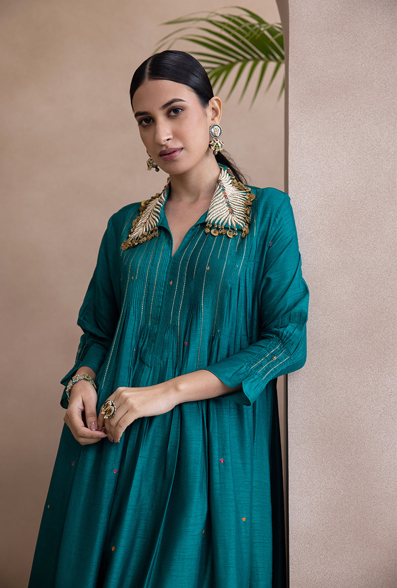 Teal Pankh Collar Pintex Adhira Kurta Set