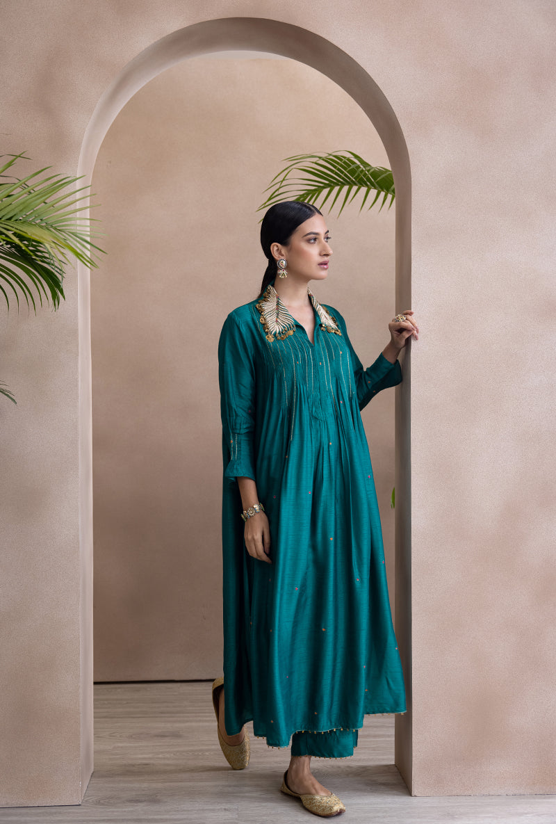 Teal Pankh Collar Pintex Adhira Kurta Set