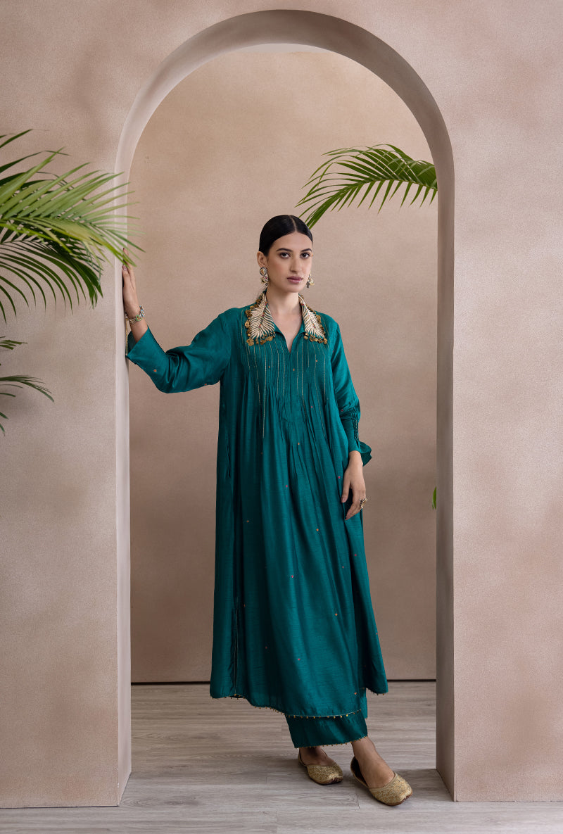 Teal Pankh Collar Pintex Adhira Kurta Set