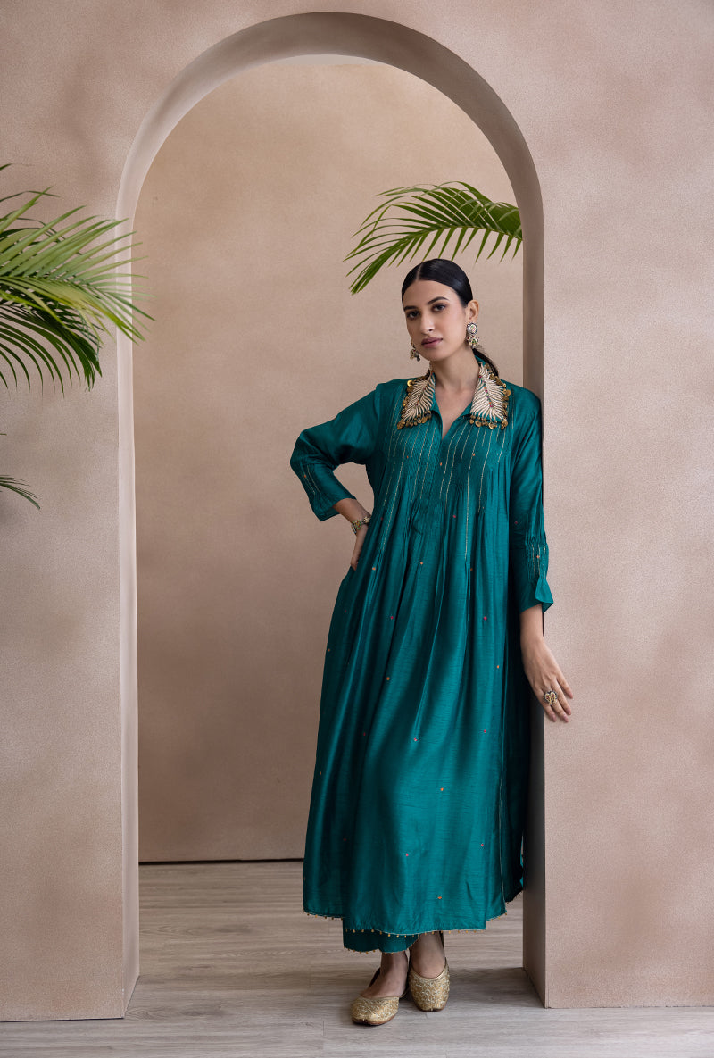 Teal Pankh Collar Pintex Adhira Kurta Set