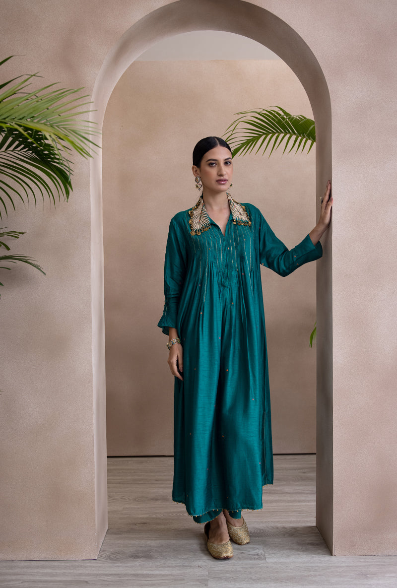 Teal Pankh Collar Pintex Adhira Kurta Set