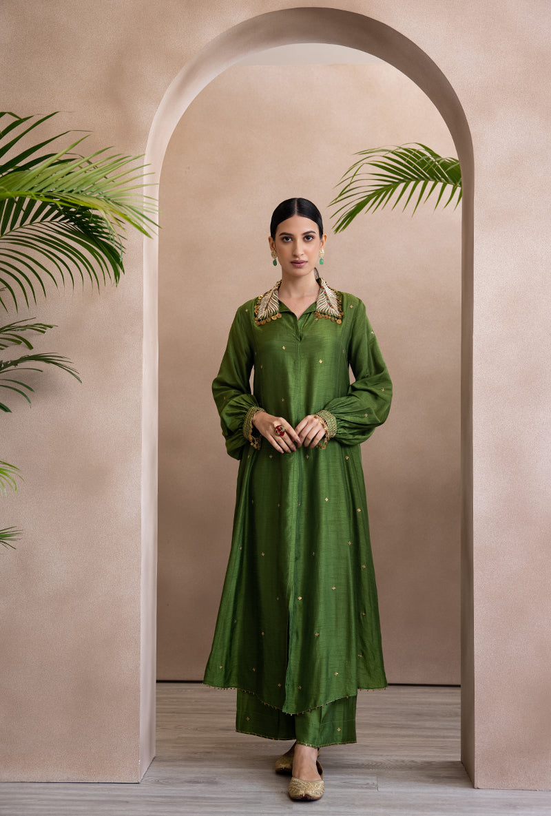 Green Pankh Collar Adhira Kurta Set