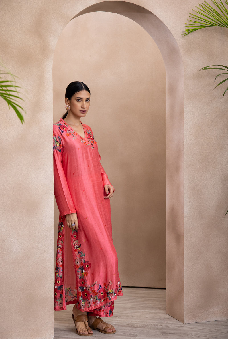Coral V Neck Printed Bahaar Adhira Kurta Set