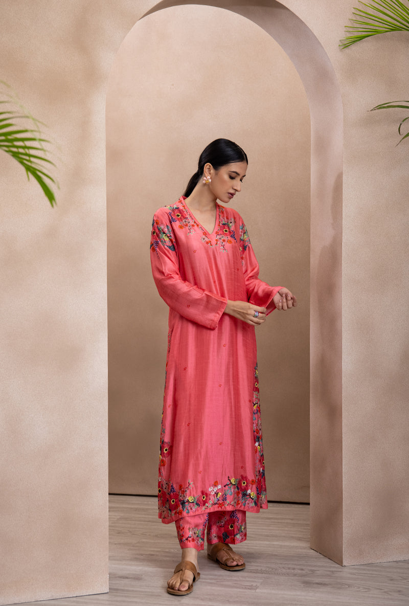 Coral V Neck Printed Bahaar Adhira Kurta Set