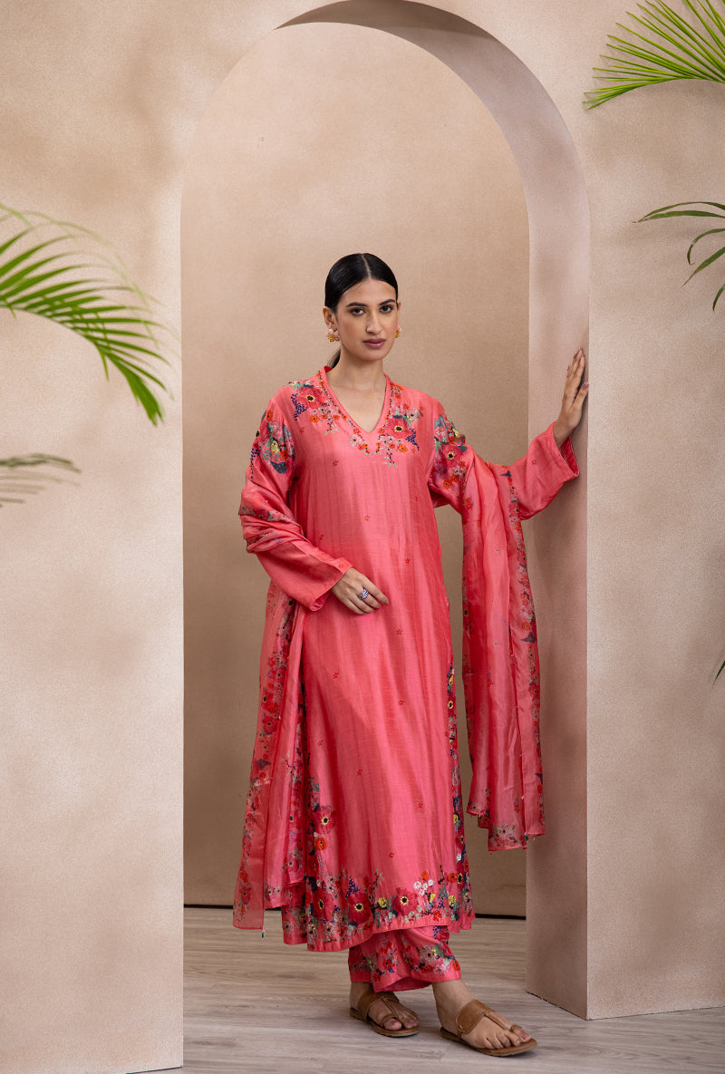 Coral V Neck Printed Bahaar Adhira Kurta Set