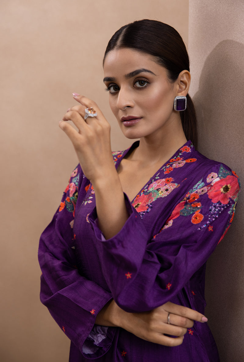 Purple V Neck Printed Bahaar Adhira Kurta Set