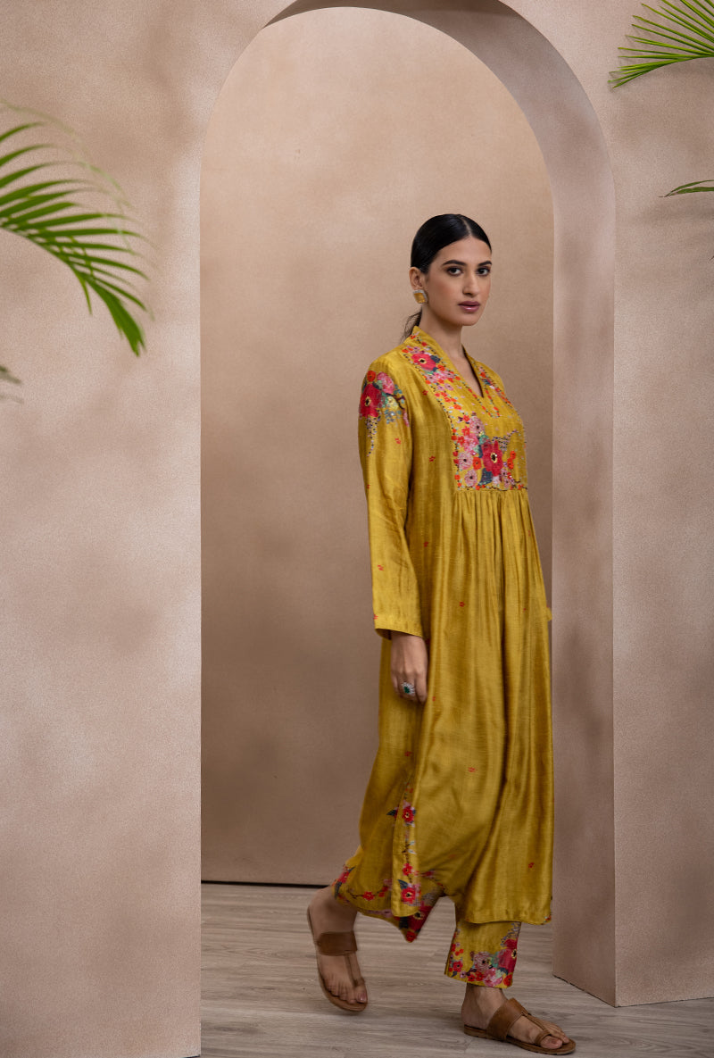 Yellow Front Pleat Printed Bahaar Adhira Kurta Set