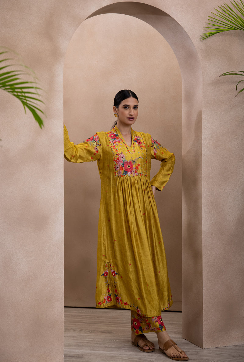 Yellow Front Pleat Printed Bahaar Adhira Kurta Set