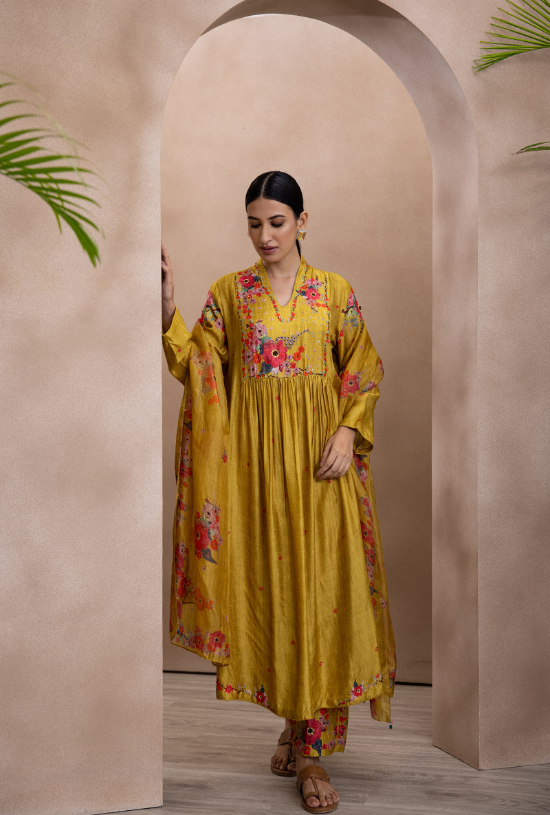 Yellow Front Pleat Printed Bahaar Adhira Kurta Set