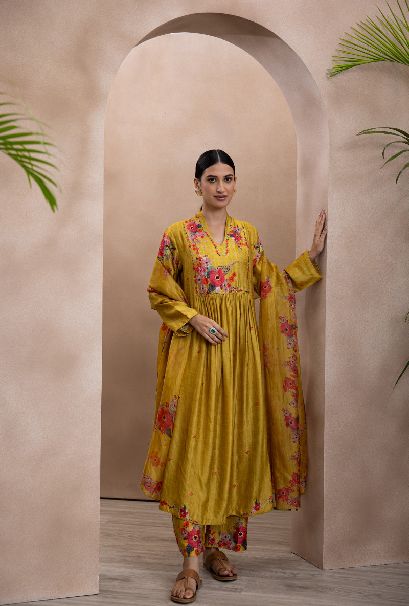 Yellow Front Pleat Printed Bahaar Adhira Kurta Set