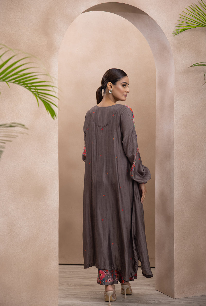 Charcoal Grey Tie Up Printed Bahaar Adhira Kurta Set