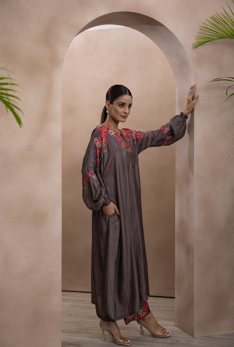 Charcoal Grey Tie Up Printed Bahaar Adhira Kurta Set