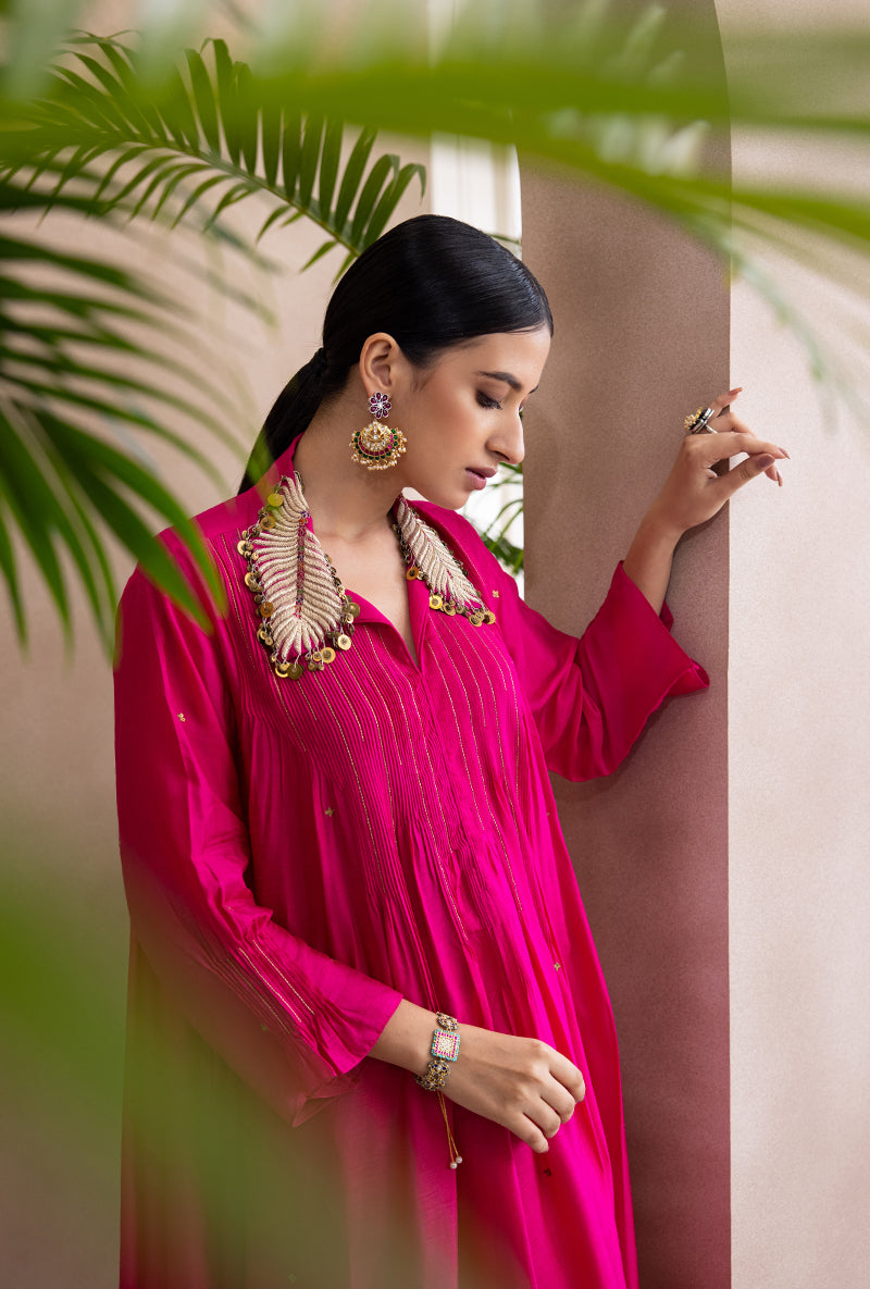 Pink Pankh Collar Pintex Adhira Kurta Set