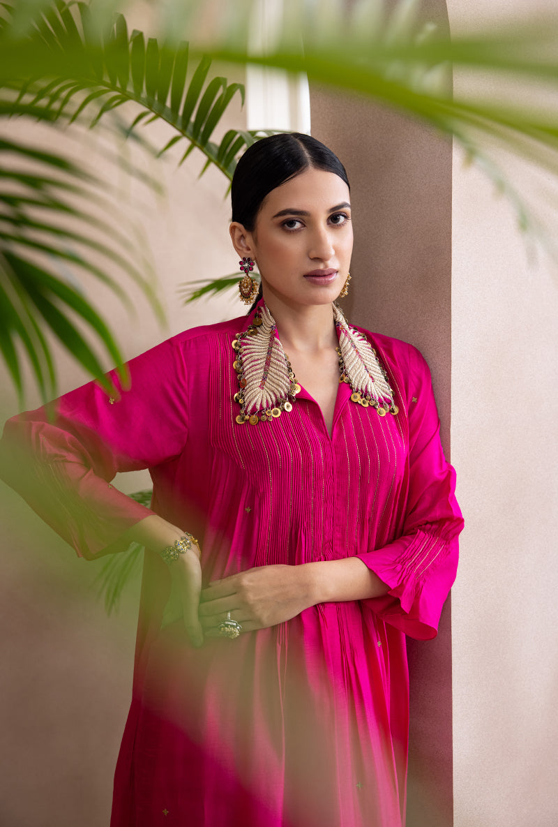 Pink Pankh Collar Pintex Adhira Kurta Set