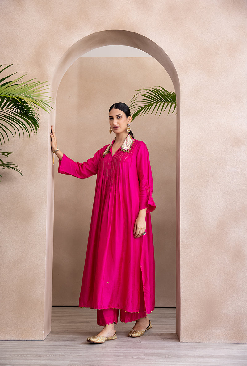 Pink Pankh Collar Pintex Adhira Kurta Set